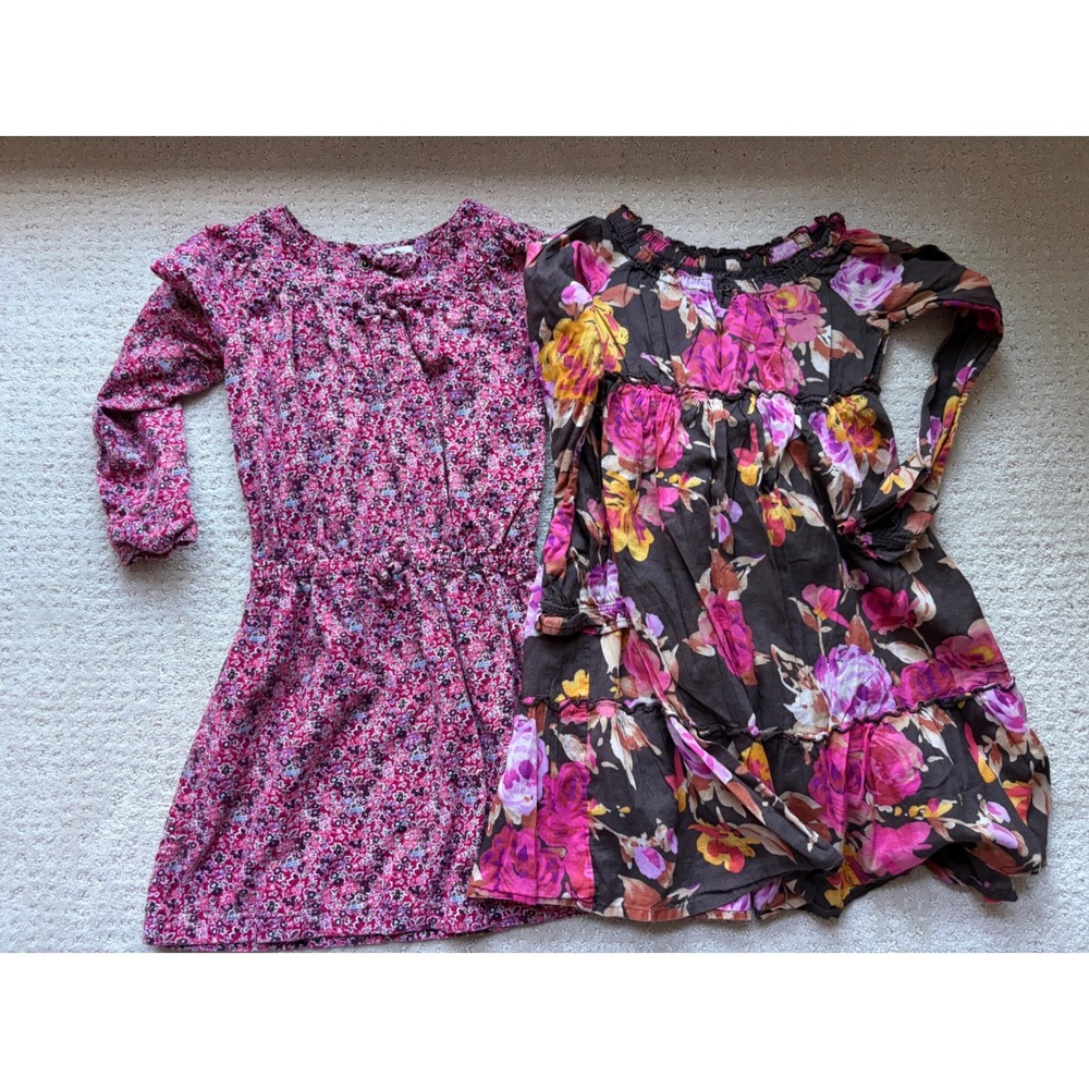Lands End Kids Floral Dress Set Size 5 Pink Brown Cotton CottageCore Schoolcore